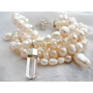 Freshwater Pearl Beaded Bracelet Baroque Pearl Charms Crystal Quartz Sterling